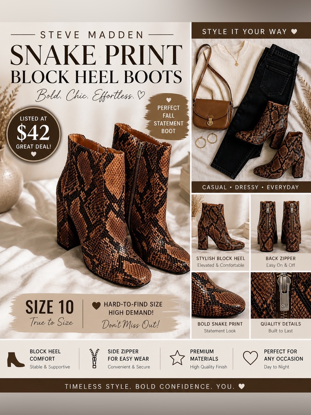 Steve Madden Snake Print Block Heel Ankle Boots Size 10 | Fall Statement Boots
